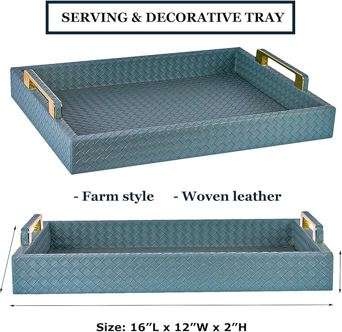 Decorative Serving Tray for Ottoman Coffee Table, 16"x12" Large Rectangular Tray Leather Serving Trays with Gold Polished Metal Handles - Home Decor - Blue