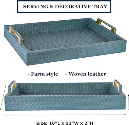Decorative Serving Tray for Ottoman Coffee Table, 16"x12" Large Rectangular Tray Leather Serving Trays with Gold Polished Metal Handles - Home Decor - Blue