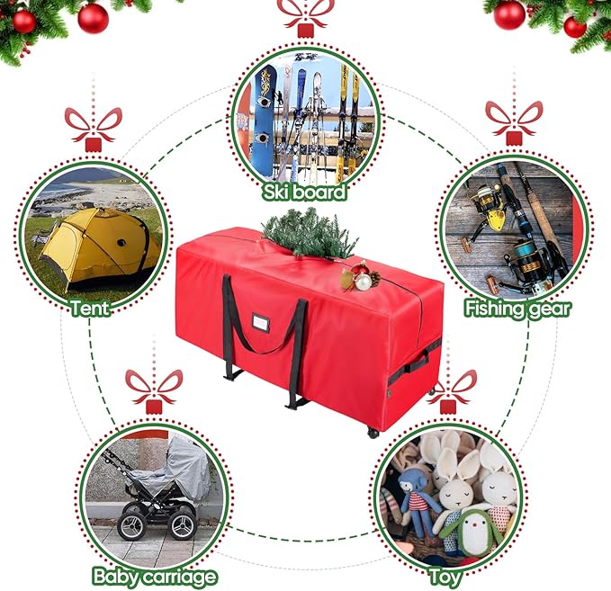 BALEINE 7.5 ft Rolling Christmas Tree Storage Bag, 2 Swivel Wheels for Easy Moving, Heavy Duty 600D Oxford Fabric Extra Large Artificial Christmas Tree Bag with Reinforced Carry Handles (Red)