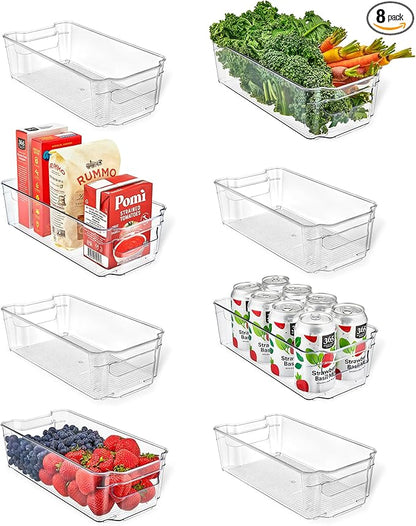 Lifemaster Multi-Purpose Refrigerator Bins - 8 Pieces Usable And Stackable Design Fridge Bin Organizer With Easy Grip Handles - Clear