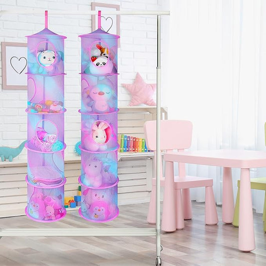Basumee Stuffed Animals Net or Hammock 2 Pcs Stuffed Animals Storage Toy Net Hammock for Plushies Storage Organizer Mesh Kids Girls Room Decor, Blue and Purple, 5 Tiers