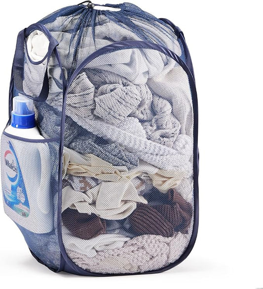 TECHMILLY Collapsible Mesh Pop Up Laundry Hamper with Sturdy Handles and Side Pocket - Portable Foldable Clothes Baskets for Dorm, Bathroom & Travel Storage (with Drawstring, Blue)