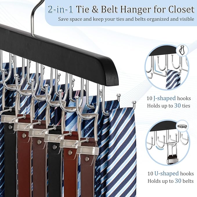 2-in-1 Belt and Tie Hanger for Closet, Upgraded Tie Rack with 20 Foldable Non-Slip Hooks, Max 30 Belts and 30 Ties, Space-Saving Wooden Tie and Belt Organizer for Camisoles, Bras, Scarves