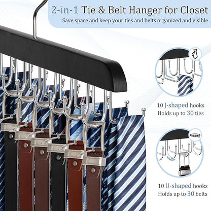 2-in-1 Belt and Tie Hanger for Closet, Upgraded Tie Rack with 20 Foldable Non-Slip Hooks, Max 30 Belts and 30 Ties, Space-Saving Wooden Tie and Belt Organizer for Camisoles, Bras, Scarves