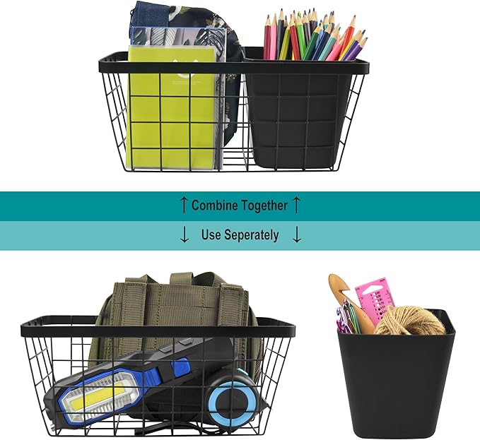 LIGHT DUST Wall Hanging Baskets - 8 Set Black Baskets & Cups Wire Basket Metal Wall Organizer Bins for Kitchen Pantry Cabinet Bathroom Shower Door RV [Included Adhesive Hooks & Mounted Screws]