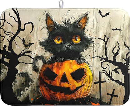 Wnoesat Black Cat Fall Pumpkin Dish Drying Mat 18x24 - Super Absorbent Drying Pads for Kitchen Counter - Happy Halloween Bat Branch Large Microfiber Dishes Drying Mats