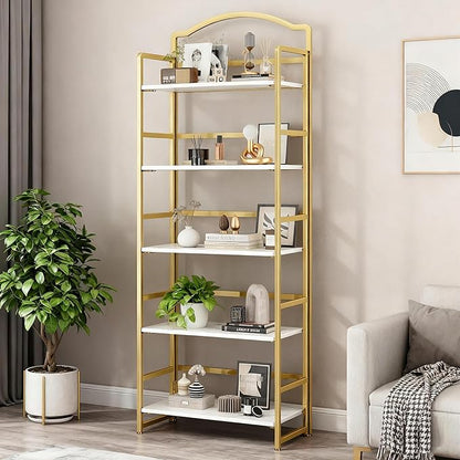 JSB No Assembly Folding Bookshelf, 5 Tier Book Shelf for Storage, Vintage Wood Foldable Bookcase for Living Room, Bedroom, Office Organization Shelves
