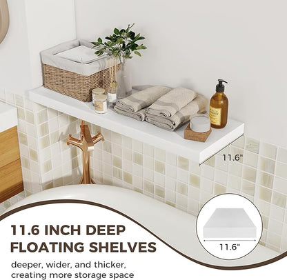 Fun Memories Deep Floating Shelves, 36" W x 12" D Wood Floating Shelves for Wall, 2 Pack Extra Deeper & Thicker Wall Mounted Storage Shelf for Living Room Laundry Room Kitchen Home Office, White
