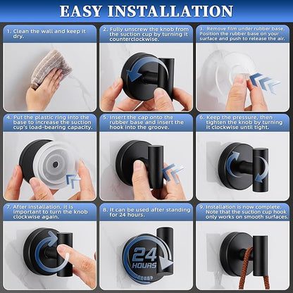 warlve Suction Cup Hooks No Drill Stainless Steel Shower Hooks Towel Hook Robe Hook Heavy Duty on Smooth and Non-Porous Surfaces in Bathrooms Kitchen Bedroom (2, Matte Black)