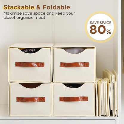 4 Pack Stackable Storage Drawers, Fabric Closet Organizers and Storage with Handles and Clear Window, Pull-Out Clothes Storage Bins with Drawer for Closet, Bedroom, Living Room, Under Bed, Beige
