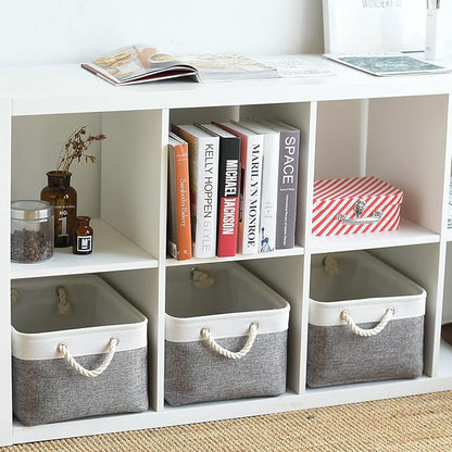 Large Storage Baskets for Shelves, Fabric Baskets for Organizing, Collapsible Storage Bins for Closet, Nursery, Clothes, Toys, Home & Office [3-Pack, White&Grey]