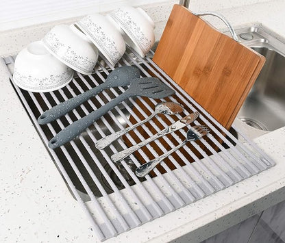 Surpahs 17.5 x 13.1 Inch Roll-Up Dish Drying Rack, Fits Sinks up to 16.5 Inch Wide, Heavy-Duty Premium Silicone, Strong Support, Non-Slip, Heat-Resistant, Warm Gray