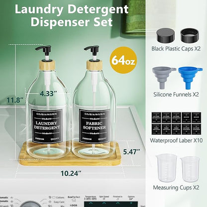 Moforoco Liquid Laundry Detergent Dispenser with Bamboo Tray, 2 Pack 64 Oz Plastic Laundry Soap Dispenser, Fabric Softener Dispenser with Pump and Labels for Laundry Room Decor and Organization