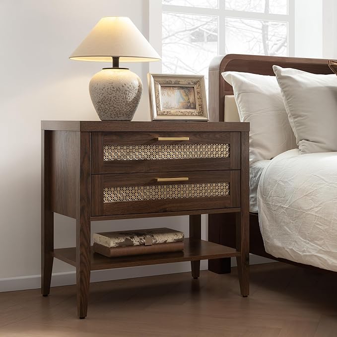 SICOTAS Night Stand Set 2 - Large Nightstands Sets of 2 with Drawers and Shelf, Rustic Bedside Table for Bedroom, Mid Century Modern Nightstand, 25.7" Tall Side End Table (Espresso Walnut, 2 Pieces)