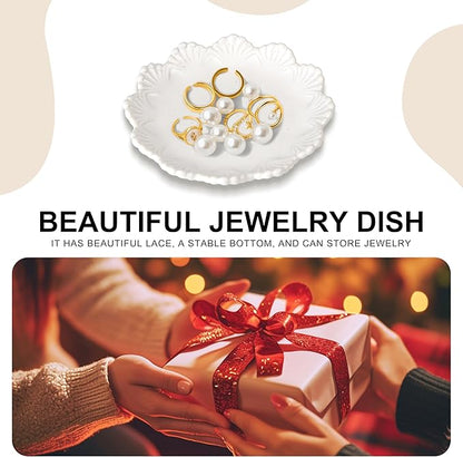 Ceramic Jewelry Dish, Decorative Tray for Rings Earrings Necklaces Bracelet Watch Keys, 4.50" Trinket Tray as Gifts for Women (White Shell)