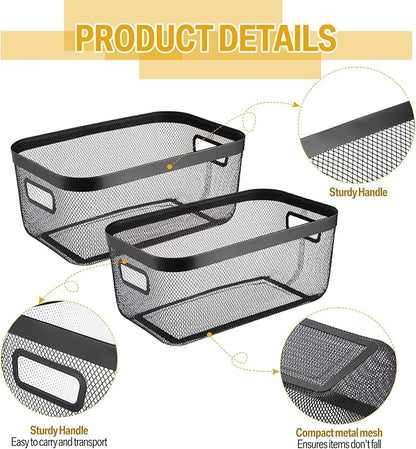 4 Pack Metal Mesh Basket with Hollow Handles Black Wire Storage Bin for Organizing Stackable Metal Fine Mesh Basket for Pantry Bathroom Kitchen Cabinets Shelves (X-Large)