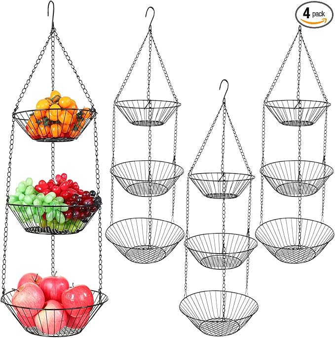Maxdot 4 Pack 3-tier Hanging Fruit Basket Kitchen Hanging Wall Fruit Storage Organization Basket with Sturdy Metal Chain for Kitchen Bathroom Wardrobe Garden
