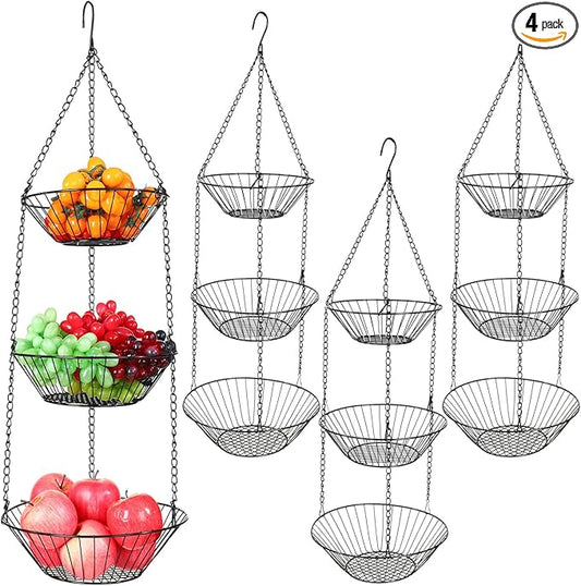 Maxdot 4 Pack 3-tier Hanging Fruit Basket Kitchen Hanging Wall Fruit Storage Organization Basket with Sturdy Metal Chain for Kitchen Bathroom Wardrobe Garden