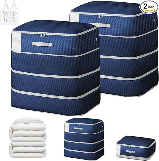 Easortm Comforter Storage Bag - Large Capacity Blanket Storage Bags 4-Layer Ultra Space Saving Self Compression Organizer, Washable Compression Bags for Storage Comforter Blanket, 2-Pack, Navy Blue