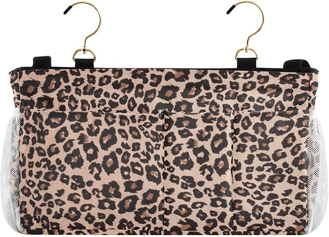 CuwrYet Bedside Caddy Hanging Bunk Bed Caddy Bed Organizer Hanging Pocket with 2 Hooks Bedside Storage Organizer Pocket Bag Holder Leopard Print Brown