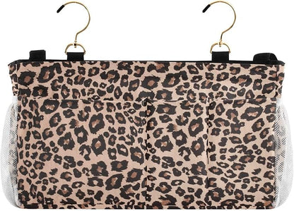 CuwrYet Bedside Caddy Hanging Bunk Bed Caddy Bed Organizer Hanging Pocket with 2 Hooks Bedside Storage Organizer Pocket Bag Holder Leopard Print Brown