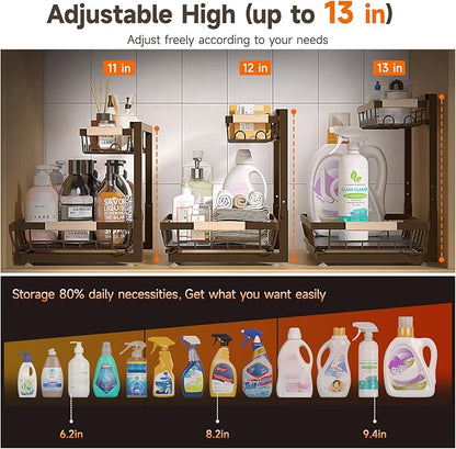 2 Packs Under Sink Organizer, High Adjustable 2 Tier Under Kitchen sink organizer, Multi-Purpose Storage Shelf for Kitchen Bathroom Cabinet (Brown)