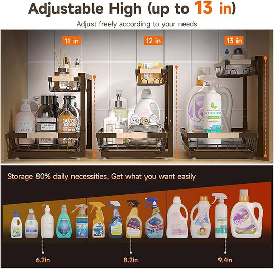 2 Packs Under Sink Organizer, High Adjustable 2 Tier Under Kitchen sink organizer, Multi-Purpose Storage Shelf for Kitchen Bathroom Cabinet (Brown)