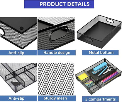2 Pack Desk Drawer Organizer, Metal Mesh Drawer Organizer Tray for Office Home Supplies