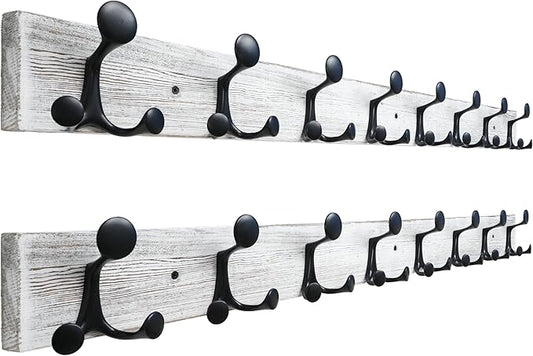 SKOLOO 43-Inch Wood Coat Rack Wall Mount with 8 Triple Hooks - Ideal for Family Entrances, Classrooms, and Pet Supplies Storage - Perfect Coat Hooks for Wall,Distressed White Wash, Pack of 2