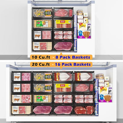 NADAMOO Freezer Organizer Bins, 3 Packs Large Expandable Stackable Chest Freezer Containers with Handle, Metal Adjustable Storage Baskets for Fridge, Deep Freezer, Cabinet, Kitchen, Pantry - Black