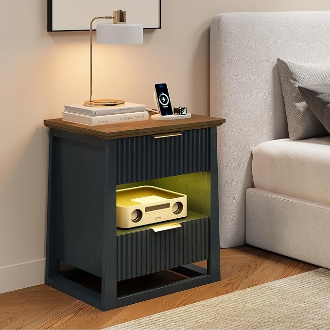 HIFYOBRO Fluted Nightstands with Charging Station & Motion Sensor Light, Modern Bedside Tables with 2 Drawers and Storage Shelf for Bedroom,Blue