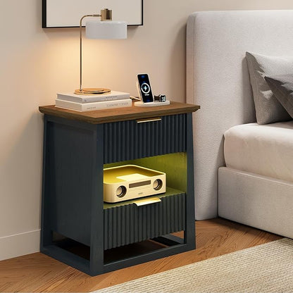 HIFYOBRO Fluted Nightstands with Charging Station & Motion Sensor Light, Modern Bedside Tables with 2 Drawers and Storage Shelf for Bedroom,Blue