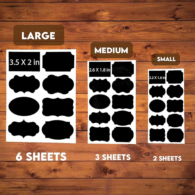 Mantah Chalkboard Label Stickers 96pcs - 9 Assorted Shapes in 3 Sizes with 2 White Chalk Marker, Reusable Waterproof Label for Storage Bin, Food Container, Jars, Containers