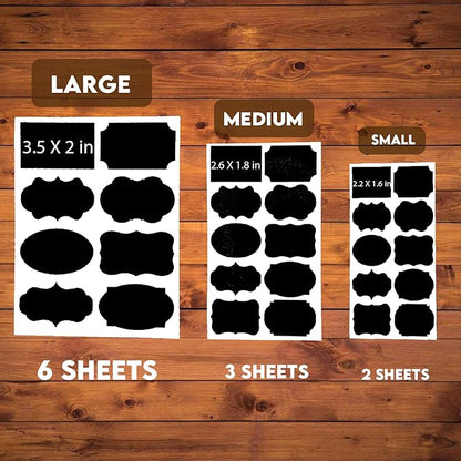 Mantah Chalkboard Label Stickers 96pcs - 9 Assorted Shapes in 3 Sizes with 2 White Chalk Marker, Reusable Waterproof Label for Storage Bin, Food Container, Jars, Containers