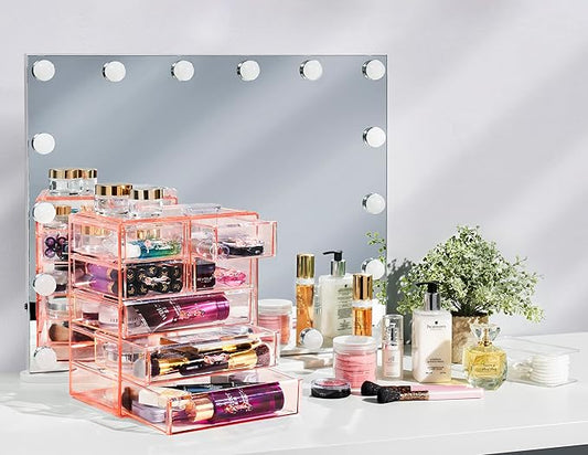 Sorbus Acrylic Makeup Organizer Set, 7-Drawer Vanity & Countertop Cosmetic Storage with Small & Wide Drawers, Pink Makeup Storage for Brushes, Lipsticks, Jewelry – Holiday Gift for Women & Teens