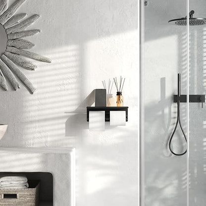 Black Toilet Paper Roll Holder with Shelf Wall Mounted for Bathroom (Black, Double Head)