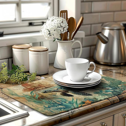 Wnoesat Sea Turtle Dish Drying Mat for Kitchen Counter Vintage Ocean Animal Microfiber Absorbent Dish Drainer Rack Mat Nautical Drying Mats Large Dish Draining Mat 18x24 Inch, 240220