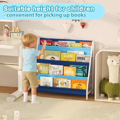 Kid Bookshelf for Kids Rooms, 4-Tier Blue Montessori Bookshelf,Toddler Children Bookshelf,Metal Kid's Book Storage Organizer for Boys Room Furniture Playroom Kindergarten