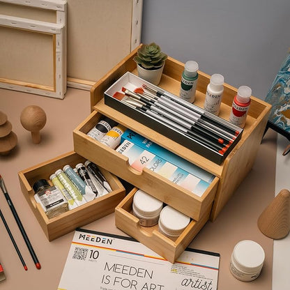 MEEDEN Bamboo Desk Organizer with Drawers: Desktop Storage Container with Shelf - Tabletop Storage Organization Box for Office Home Toiletries Supplies