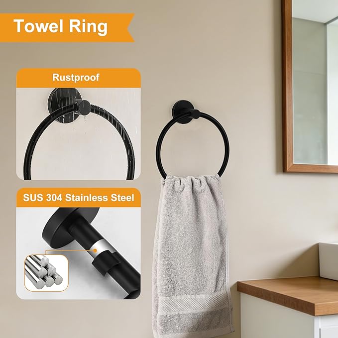 CozyTower Matte Black Quick Reload Toilet Paper Holder Wall Mount, SUS304 Stainless Steel Double Post Pivoting Tissue Roll Holder and Hand Towel Holder Set Bathroom Hardware Accessories Set Towel Ring