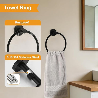 CozyTower Matte Black Quick Reload Toilet Paper Holder Wall Mount, SUS304 Stainless Steel Double Post Pivoting Tissue Roll Holder and Hand Towel Holder Set Bathroom Hardware Accessories Set Towel Ring