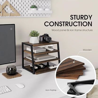 Fenge Desk Shelf Organizer, 4 Tier Desktop Shelf, Wood and Metal Office Shelves, Corner File Organizer for Office Supplies, Top of Desk Organizers and Accessories