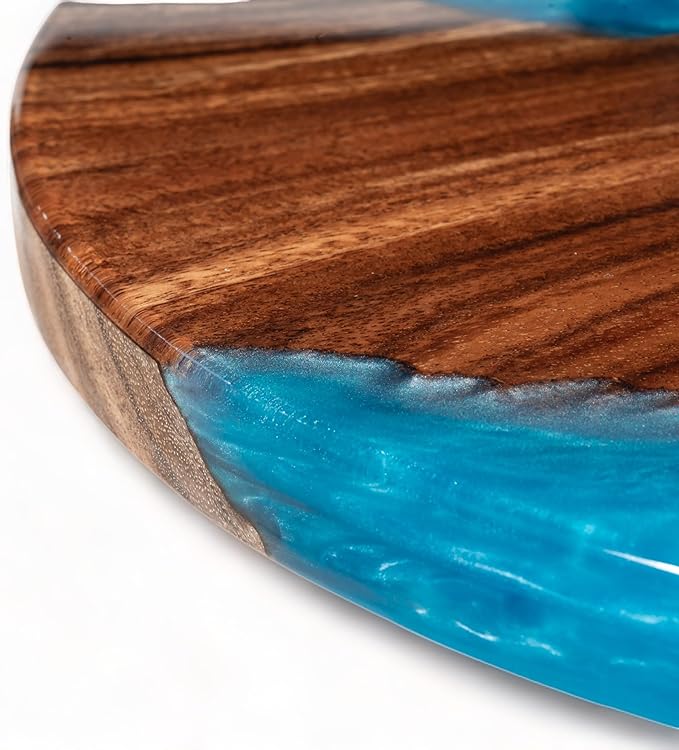 Handmade Reversible 16" Wood and Epoxy Resin Lazy Susan, Turntable for Kitchen Countertop, Rotating Display Stand, Organizer and Storage for Dining Table, Cup Board, Home Decor (Light Blue)