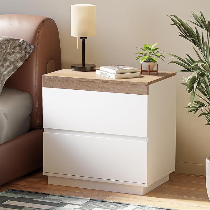 HOCAT Nightstand with Oak Top, 23.7" White Night Stand with 2 Drawers, Modern Bedside Table Wood End Table for Bedroom