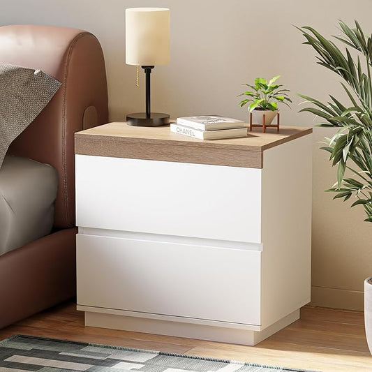 HOCAT Nightstand with Oak Top, 23.7" White Night Stand with 2 Drawers, Modern Bedside Table Wood End Table for Bedroom