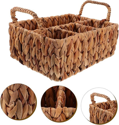Woven Storage Basket Organizer Hyacinth Cutlery Holder with Compartments Stylish Dining Table Decor Multifunctional Snack Serving and Utensil Storage