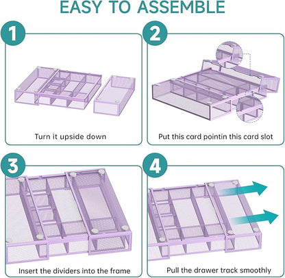 Expandable Desk Drawer Organizer Tray with 10 Adjustable Compartments, Metal Mesh Office Drawer Organizer, Versatile Desk Organizer for Home, School Supplies, Makeup Vanity & Jewelry (Purple)