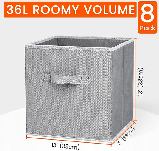 Criusia Large Storage Cubes - 13 Inch Heavy Duty Fabric Storage Bins for Shelves Closet, Cube Organizer - 8 Pack Collapsible Cube Storage Bins Baskets for Organizing Clothes Blankets Toys (Grey)