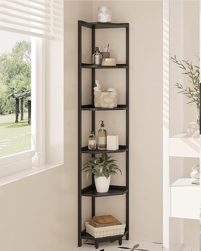 Corner Shelf Stand, Corner Bookshelf, Storage Standing Shelf Unit with Metal Frame, Plant Stand, Corner Bookcase for Living Room, Home Office, Bedroom, 6-Tier Black CS06006B