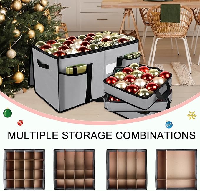 Christmas Ornament Storage Box with Dividers, Christmas Balls Storage Containers with Zipper & 8 Removable Trays, Holds Up to 128 Balls - 600D Oxford Christmas Decoration Storage Organizer (Gray)